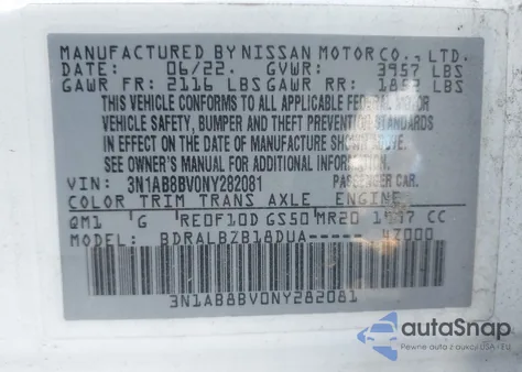 2022 Nissan Sentra S Xtronic Cvt z USA, uszkodzony, nr VIN 3N1AB8BV0NY282081